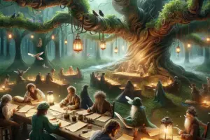 DALL·E 2024-02-20 17.10.11 – An enchanting image that encapsulates the magical essence of fairy tale writing for a workshop. The scene features an old, whimsical tree with thick,